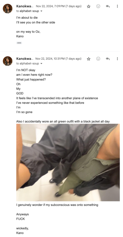A screenshot of an email thread sharing excitement about seeing Wicked, with playful commentary on wearing a green outfit that day.